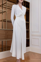 Dena Long Sleeve V Neck Asymmetrical Midi Dress